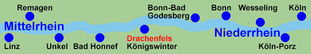 Rheinschifffahrt zwischen Kln, Kln-Porz, Wesseling, Bonn, Bad Godesberg, Knigswinter mit Drachenfels, Bad Honnef, Unkel, Remagen und Linz am Rhein.