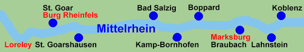 Rheinschifffahrt zwischen Loreley, St. Goar, St. Goarshausen Bad Salzig, Kamp-Bornhofen, Boppard, Braubach, Ober-Lahnstein und Koblenz.